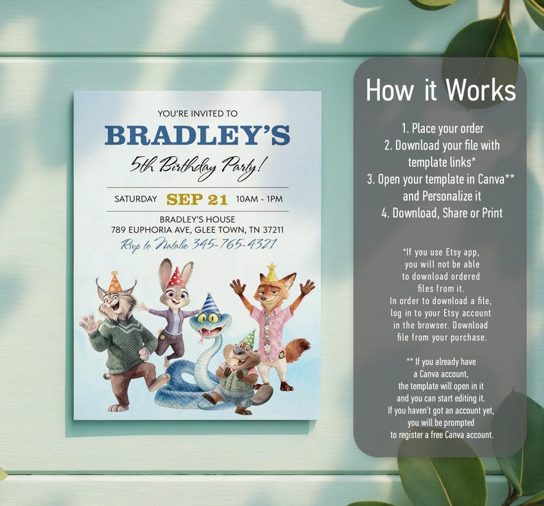 K&ouml;nnte beinhalten: Eine rechteckige Geburtstagseinladungskarte mit dem Text YOU'RE INVITED TO BRADLEY'S 5th Birthday Party, Datum, Uhrzeit und Ort. Darunter sind f&uuml;nf Zeichentricktiere mit Partyh&uuml;ten abgebildet. Daneben befindet sich ein How it Works Infokasten.