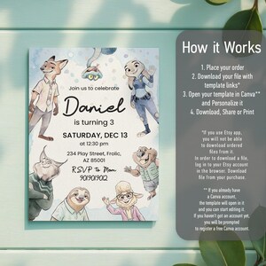 Peut inclure: Une carte d'invitation d'anniversaire rectangulaire avec des illustrations &agrave; l'aquarelle de personnages animaux anim&eacute;s. Le texte indique : Join us to celebrate Daniel is turning 3, Saturday, Dec 13 at 12:30 pm, 234 Play Street, Frolic, AZ 85001, RSVP to Mom 9019019012.
