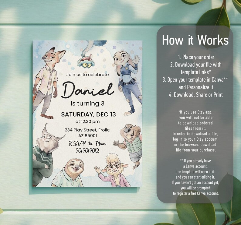 Peut inclure: Une carte d'invitation d'anniversaire rectangulaire avec des illustrations &agrave; l'aquarelle de personnages animaux anim&eacute;s. Le texte indique : Join us to celebrate Daniel is turning 3, Saturday, Dec 13 at 12:30 pm, 234 Play Street, Frolic, AZ 85001, RSVP to Mom 9019019012.