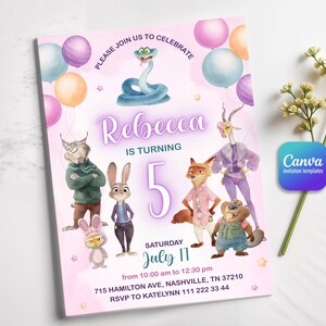May include: A birthday invitation card featuring Zootopia characters, balloons, and the text: PLEASE JOIN US TO CELEBRATE, Rebecca IS TURNING 5, SATURDAY July 11, from 10:00 am to 12:30 pm, 715 HAMILTON AVE, NASHVILLE, TN 37210, RSVP TO KATELYNN 111 222 33 44.