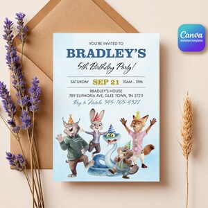 K&ouml;nnte beinhalten: Eine rechteckige Geburtstagseinladungskarte mit dem Text YOU'RE INVITED TO BRADLEY'S 5TH BIRTHDAY PARTY, SATURDAY SEP 21 10AM-1PM, BRADLEY'S HOUSE 789 EUPHORIA AVE, GLEE TOWN, TN 37211, und RSVP to Natalie 345-765-4321 sowie illustrierten Tieren.
