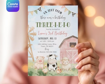 Old MacDonald E-I-E-I-O birthday invitation, farm animals party invite, printable editable barnyard party template, kids bday