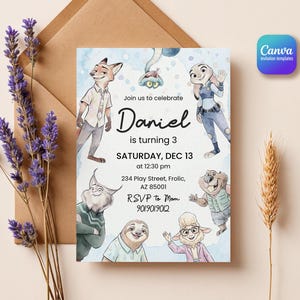 Peut inclure: Une carte d'invitation d'anniversaire rectangulaire avec des illustrations style aquarelle d'animaux anthropomorphes. Le texte indique : Join us to celebrate Daniel is turning 3, SATURDAY, DEC 13 at 12:30 pm, 234 Play Street, Frolic, AZ 85001, RSVP to Mom 9019019012.