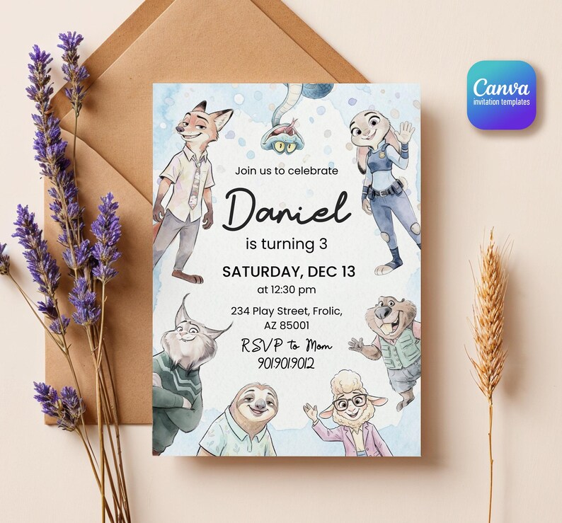 Peut inclure: Une carte d'invitation d'anniversaire rectangulaire avec des illustrations style aquarelle d'animaux anthropomorphes. Le texte indique : Join us to celebrate Daniel is turning 3, SATURDAY, DEC 13 at 12:30 pm, 234 Play Street, Frolic, AZ 85001, RSVP to Mom 9019019012.