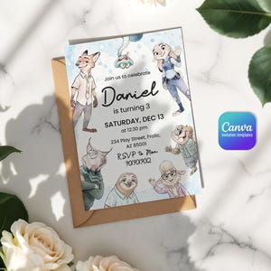 Peut inclure: Une carte d'invitation d'anniversaire rectangulaire avec des personnages d'animaux de dessin anim&eacute;, dont un renard, un lapin et un paresseux. Le texte indique : Join us to celebrate Daniel is turning 3, SATURDAY, DEC 13 at 12:30 pm, 234 Play Street, Frolic, AZ 85001, RSVP to Mom 9019019012.