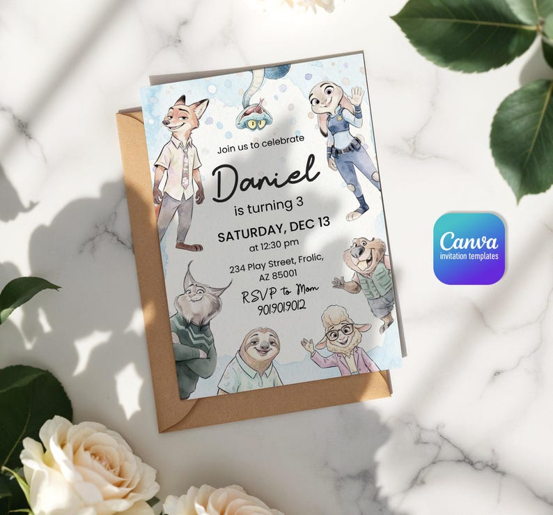 Peut inclure: Une carte d'invitation d'anniversaire rectangulaire avec des personnages d'animaux de dessin anim&eacute;, dont un renard, un lapin et un paresseux. Le texte indique : Join us to celebrate Daniel is turning 3, SATURDAY, DEC 13 at 12:30 pm, 234 Play Street, Frolic, AZ 85001, RSVP to Mom 9019019012.