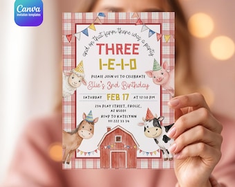 Old MacDonald E-I-E-I-O birthday invitation, farm animals party invite, printable editable barnyard party template, kids bday