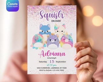 Squish invitation, printable birthday invitation, girl birthday invite, Squishmallow editable invitation, instant download, Squishy Party