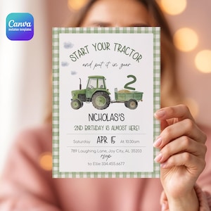 May include: A rectangular birthday invitation card with a green gingham border. It features a green tractor illustration, the number 2, and text reading: Start your tractor and put it in gear, Nicholas's 2nd birthday is almost here, Saturday Apr 15 at 10:30am.