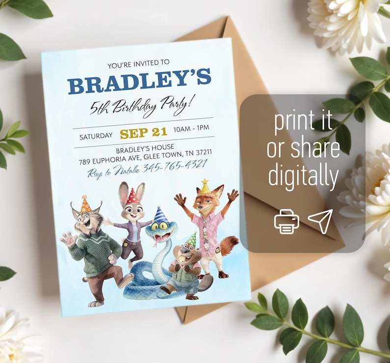 K&ouml;nnte beinhalten: Eine rechteckige Geburtstagseinladungskarte mit hellblauem Hintergrund und Zeichentricktieren mit Partyh&uuml;ten. Der Text lautet: YOU'RE INVITED TO BRADLEY'S 5th Birthday Party! SATURDAY SEP 21 10AM - 1PM, BRADLEY'S HOUSE 789 EUPHORIA AVE, GLEE TOWN, TN 37211.