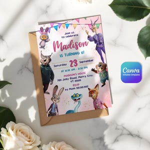Puede incluir: Una tarjeta de invitaci&oacute;n de cumplea&ntilde;os rectangular con banderines coloridos y personajes de dibujos animados. El texto dice: Join us to celebrate Madison is turning 6! Saturday 23 September at 10:30 AM - 12:30 PM, Madison's House 789 Jolly Road, Merry City, VT 05601, RSVP to Mom 901.901.9012.