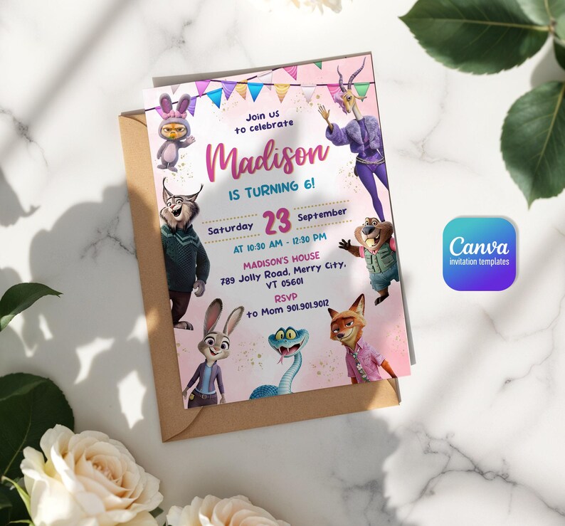 Puede incluir: Una tarjeta de invitaci&oacute;n de cumplea&ntilde;os rectangular con banderines coloridos y personajes de dibujos animados. El texto dice: Join us to celebrate Madison is turning 6! Saturday 23 September at 10:30 AM - 12:30 PM, Madison's House 789 Jolly Road, Merry City, VT 05601, RSVP to Mom 901.901.9012.