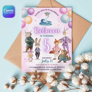 May include: A rectangular birthday invitation card featuring a light pink background with colorful balloons and cartoon animal characters. The text reads: Please join us to celebrate Rebecca is turning 5, Saturday July 11, 10:00 am to 12:30 pm, 715 Hamilton Ave, Nashville, TN 37210, RSVP to Katelynn 111 222 33 44.