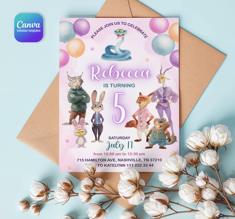 May include: A rectangular birthday invitation card featuring a light pink background with colorful balloons and cartoon animal characters. The text reads: Please join us to celebrate Rebecca is turning 5, Saturday July 11, 10:00 am to 12:30 pm, 715 Hamilton Ave, Nashville, TN 37210, RSVP to Katelynn 111 222 33 44.