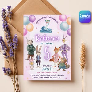 May include: A rectangular birthday invitation card featuring cartoon animal characters, colorful balloons, and the text: PLEASE JOIN US TO CELEBRATE, Rebecca IS TURNING 5, SATURDAY JULY 17, from 10:00 am to 12:30 pm, 715 HAMILTON AVE, NASHVILLE, TN 37210, RSVP TO KATELYNN 111 222 33 44.