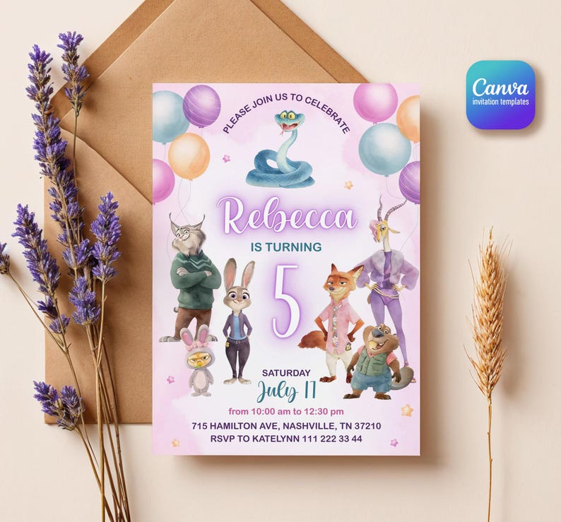 May include: A rectangular birthday invitation card featuring cartoon animal characters, colorful balloons, and the text: PLEASE JOIN US TO CELEBRATE, Rebecca IS TURNING 5, SATURDAY JULY 17, from 10:00 am to 12:30 pm, 715 HAMILTON AVE, NASHVILLE, TN 37210, RSVP TO KATELYNN 111 222 33 44.
