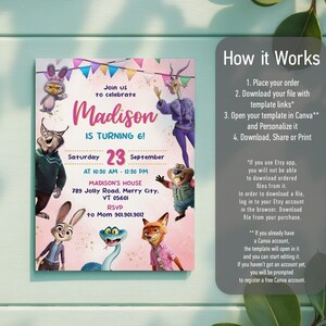 Puede incluir: Una plantilla de invitaci&oacute;n de cumplea&ntilde;os con personajes de Zootopia, banderines coloridos y fondo rosa. El texto incluye: Join us to celebrate Madison IS TURNING 6! Saturday 23 September AT 10:30 AM - 12:30 PM MADISON'S HOUSE 789 Jolly Road, Merry City, VT 05601 RSVP to Mom 901.901.9012. A la derecha hay una gu&iacute;a How it Works.