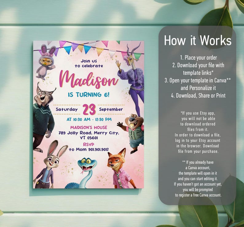 Puede incluir: Una plantilla de invitaci&oacute;n de cumplea&ntilde;os con personajes de Zootopia, banderines coloridos y fondo rosa. El texto incluye: Join us to celebrate Madison IS TURNING 6! Saturday 23 September AT 10:30 AM - 12:30 PM MADISON'S HOUSE 789 Jolly Road, Merry City, VT 05601 RSVP to Mom 901.901.9012. A la derecha hay una gu&iacute;a How it Works.