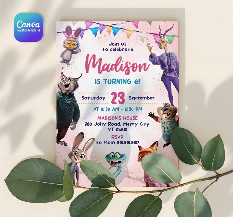 Puede incluir: Una tarjeta de invitaci&oacute;n de cumplea&ntilde;os rectangular con banderines coloridos en la parte superior y varios personajes animales animados. El texto dice: Join us to celebrate Madison IS TURNING 6! Saturday 23 September AT 10:30 AM - 12:30 PM MADISON'S HOUSE 789 Jolly Road, Merry City, VT 05601 RSVP to Mom 901.901.9012.