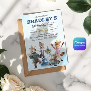 K&ouml;nnte beinhalten: Eine rechteckige Geburtstagseinladungskarte mit dem Text YOU'RE INVITED TO BRADLEY'S 5TH BIRTHDAY PARTY, SATURDAY SEP 21 10AM-1PM, BRADLEY'S HOUSE 789 EUPHORIA AVE, GLEE TOWN, TN 37211, RSVP TO NATALIE 345-765-4321 und Zeichentrickfiguren.