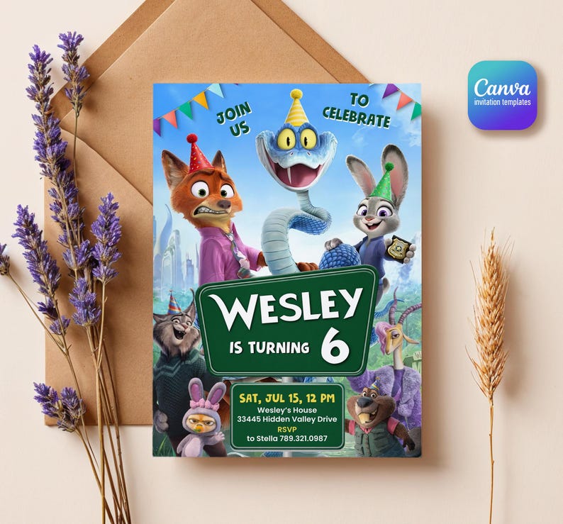 Zootopia 2 movie birthday invitation, Judy Hopps invite, Nick Wilde invite, printable editable movie party, ticket invite template bild 2