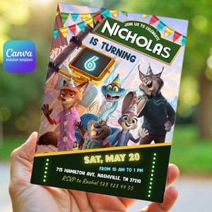 May include: A rectangular birthday invitation card featuring animated animal characters wearing party hats. The text reads: JOIN US TO CELEBRATE NICHOLAS IS TURNING 6, SAT, MAY 20, FROM 10 AM TO 1 PM, 715 HAMILTON AVE, NASHVILLE, TN 37210, RSVP to Rachel 123 123 44 55.