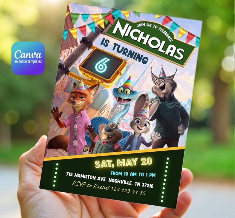 May include: A rectangular birthday invitation card featuring animated animal characters wearing party hats. The text reads: JOIN US TO CELEBRATE NICHOLAS IS TURNING 6, SAT, MAY 20, FROM 10 AM TO 1 PM, 715 HAMILTON AVE, NASHVILLE, TN 37210, RSVP to Rachel 123 123 44 55.