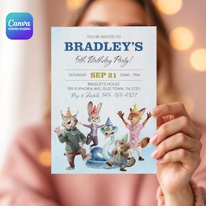 K&ouml;nnte beinhalten: Eine rechteckige Geburtstagseinladungskarte mit dem Text YOU'RE INVITED TO BRADLEY'S 5th Birthday Party, Saturday Sep 21, 10AM-1PM, 789 Euphoria Ave, Glee Town, TN 37211 und Rsvp to Natalie 345-765-4321 sowie illustrierten Tierfiguren.