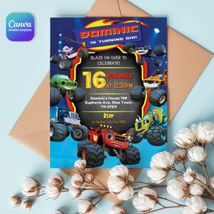 May include: A rectangular birthday invitation card featuring cartoon monster trucks in red, green, blue, and yellow. The text reads: Dominic is turning six! Blaze on over to celebrate! 16 November at 12:30pm, Dominic's House 789 Euphoria Ave, Glee Town, TN 37211, RSVP to Rachel 123.456.7890.