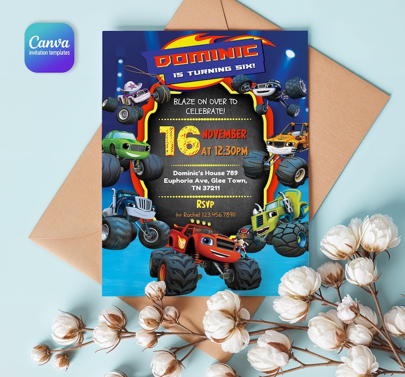 May include: A rectangular birthday invitation card featuring cartoon monster trucks in red, green, blue, and yellow. The text reads: Dominic is turning six! Blaze on over to celebrate! 16 November at 12:30pm, Dominic's House 789 Euphoria Ave, Glee Town, TN 37211, RSVP to Rachel 123.456.7890.