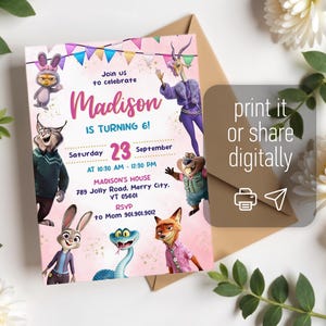 Puede incluir: Una tarjeta de invitaci&oacute;n de cumplea&ntilde;os rectangular con personajes de Zootopia sobre un fondo rosa con banderines. El texto dice: Join us to celebrate Madison is turning 6! Saturday 23 September at 10:30 AM - 12:30 PM, Madison's House 789 Jolly Road, Merry City, VT 05601.
