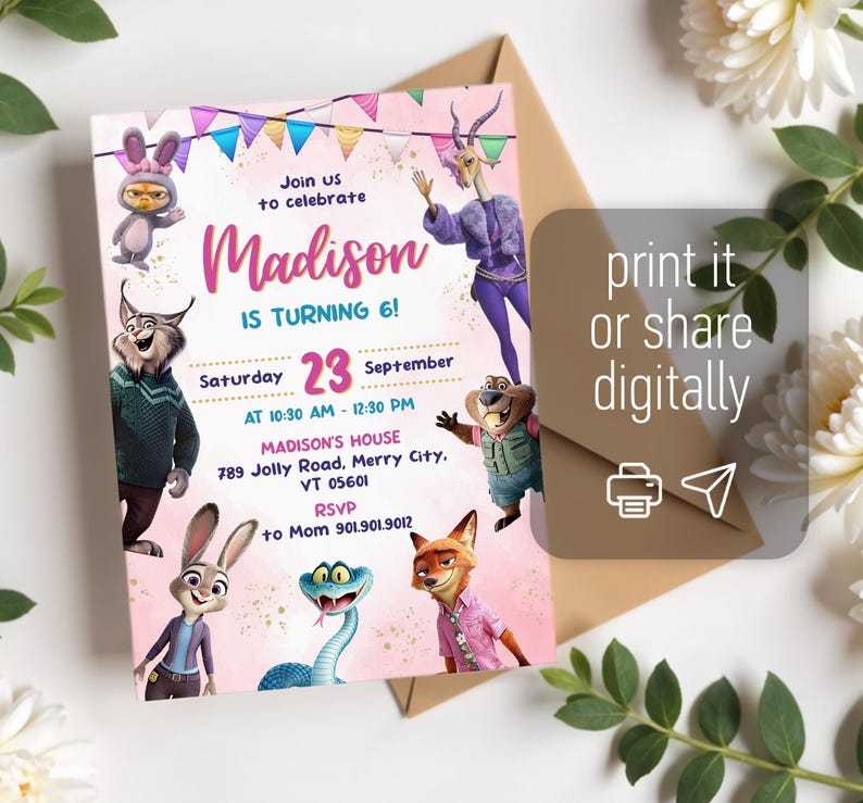 Puede incluir: Una tarjeta de invitaci&oacute;n de cumplea&ntilde;os rectangular con personajes de Zootopia sobre un fondo rosa con banderines. El texto dice: Join us to celebrate Madison is turning 6! Saturday 23 September at 10:30 AM - 12:30 PM, Madison's House 789 Jolly Road, Merry City, VT 05601.