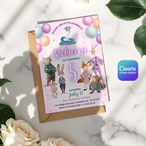 May include: A rectangular birthday invitation card featuring cartoon animal characters, colorful balloons, and the text: PLEASE JOIN US TO CELEBRATE, Rebecca IS TURNING 5, SATURDAY July 11, from 10:00 am to 12:30 pm, 715 HAMILTON AVE, NASHVILLE, TN 37210, RSVP TO KATELYNN 111 222 33 44.