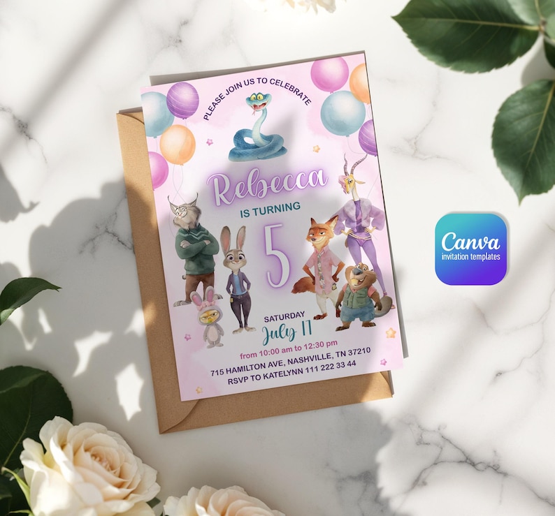 May include: A rectangular birthday invitation card featuring cartoon animal characters, colorful balloons, and the text: PLEASE JOIN US TO CELEBRATE, Rebecca IS TURNING 5, SATURDAY July 11, from 10:00 am to 12:30 pm, 715 HAMILTON AVE, NASHVILLE, TN 37210, RSVP TO KATELYNN 111 222 33 44.