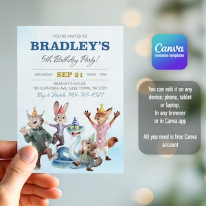 K&ouml;nnte beinhalten: Eine rechteckige Geburtstagseinladungskarte mit dem Text Bradley's 5th Birthday Party, Saturday Sep 21, 10AM-1PM, 789 Euphoria Ave, Glee Town, TN 37211 und Rsvp to Natalie 345-765-4321, verziert mit Zeichentrick-Tierfiguren mit Partyh&uuml;ten.