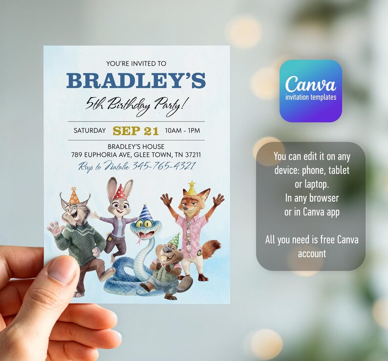 K&ouml;nnte beinhalten: Eine rechteckige Geburtstagseinladungskarte mit dem Text Bradley's 5th Birthday Party, Saturday Sep 21, 10AM-1PM, 789 Euphoria Ave, Glee Town, TN 37211 und Rsvp to Natalie 345-765-4321, verziert mit Zeichentrick-Tierfiguren mit Partyh&uuml;ten.
