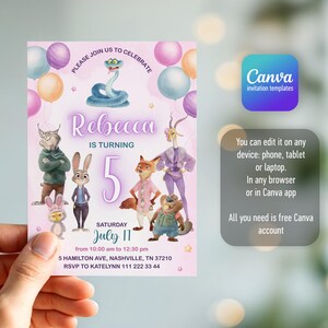 May include: A rectangular birthday invitation card with a light pink background featuring cartoon animal characters, colorful balloons, and the text: Please join us to celebrate Rebecca is turning 5, Saturday July 17, 5 Hamilton Ave, Nashville, TN 37210.