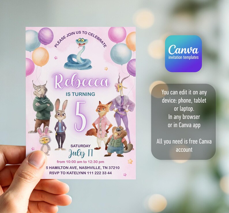 May include: A rectangular birthday invitation card with a light pink background featuring cartoon animal characters, colorful balloons, and the text: Please join us to celebrate Rebecca is turning 5, Saturday July 17, 5 Hamilton Ave, Nashville, TN 37210.