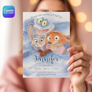 May include: A rectangular party invitation card featuring a watercolor illustration of a grey rabbit, an orange fox, and a blue snake. The text reads: Please join us for a PARTY! Jennifer IS TURNING 5! Saturday SEP 22 At 1:00pm 678 Mirthful Blvd, Jovial, LA 70112 Rsvp to Zoe 123.987.6543.