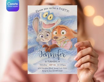 Zootopia 2 movie birthday invitation, Judy Hopps invite, Nick Wilde invite, printable editable movie party, ticket invite template