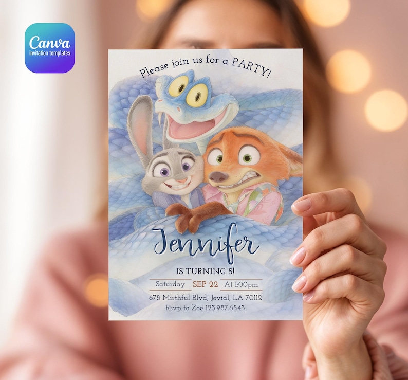 May include: A rectangular party invitation card featuring a watercolor illustration of a grey rabbit, an orange fox, and a blue snake. The text reads: Please join us for a PARTY! Jennifer IS TURNING 5! Saturday SEP 22 At 1:00pm 678 Mirthful Blvd, Jovial, LA 70112 Rsvp to Zoe 123.987.6543.