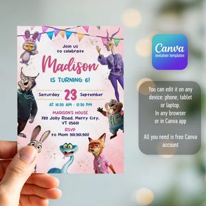 Puede incluir: Una tarjeta de invitaci&oacute;n de cumplea&ntilde;os rosa con personajes de Zootopia, banderines coloridos y el texto: Join us to celebrate Madison is turning 6! Saturday 23 September at 10:30 AM - 12:30 PM, Madison's House 789 Jolly Road, Merry City, VT 05601, RSVP to Mom 901.901.9012.