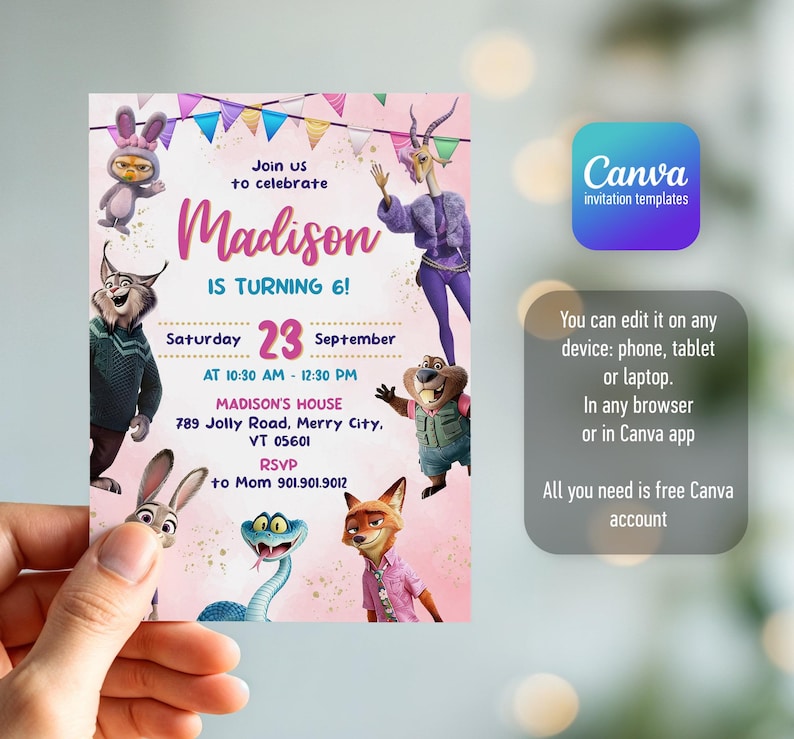 Puede incluir: Una tarjeta de invitaci&oacute;n de cumplea&ntilde;os rosa con personajes de Zootopia, banderines coloridos y el texto: Join us to celebrate Madison is turning 6! Saturday 23 September at 10:30 AM - 12:30 PM, Madison's House 789 Jolly Road, Merry City, VT 05601, RSVP to Mom 901.901.9012.