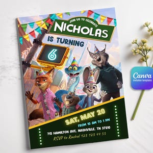 May include: A birthday invitation card featuring Zootopia characters wearing party hats. The text reads: JOIN US TO CELEBRATE NICHOLAS IS TURNING 6, SAT, MAY 20 FROM 10 AM TO 1 PM, 715 HAMILTON AVE, NASHVILLE, TN 37210, RSVP to Rachel 123 123 44 55.