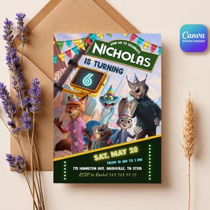 May include: A rectangular birthday invitation card featuring animated animal characters wearing party hats. The text reads: JOIN US TO CELEBRATE NICHOLAS IS TURNING 6, SAT, MAY 20, FROM 10 AM TO 1 PM, 715 HAMILTON AVE, NASHVILLE, TN 37210, RSVP to Rachel 123 123 44 55.
