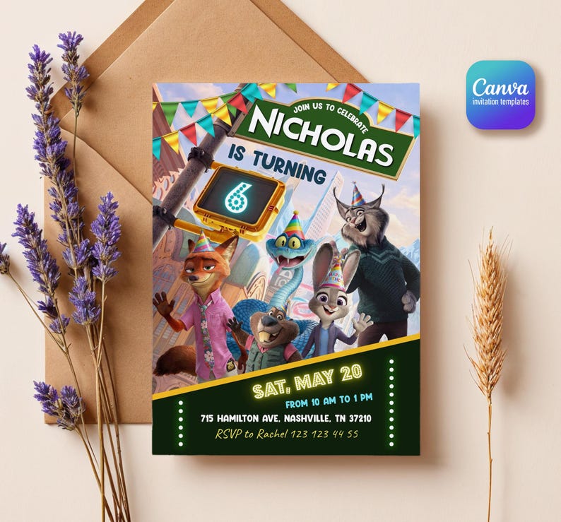May include: A rectangular birthday invitation card featuring animated animal characters wearing party hats. The text reads: JOIN US TO CELEBRATE NICHOLAS IS TURNING 6, SAT, MAY 20, FROM 10 AM TO 1 PM, 715 HAMILTON AVE, NASHVILLE, TN 37210, RSVP to Rachel 123 123 44 55.