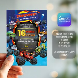 May include: A rectangular birthday invitation card featuring Blaze and the Monster Machines characters. The text reads: DOMINIC IS TURNING SIX! BLAZE ON OVER TO CELEBRATE! 16 NOVEMBER AT 12:30PM, Dominic's House 789 Euphoria Ave, Glee Town, TN 37211, RSVP to Rachel 123.456.7890.