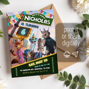 May include: A rectangular birthday invitation card featuring animated animal characters wearing party hats. The text reads: JOIN US TO CELEBRATE NICHOLAS IS TURNING 6, SAT, MAY 20, FROM 10 AM TO 1 PM, 715 HAMILTON AVE, NASHVILLE, TN 37210, RSVP to Rachel 123 123 44 55.