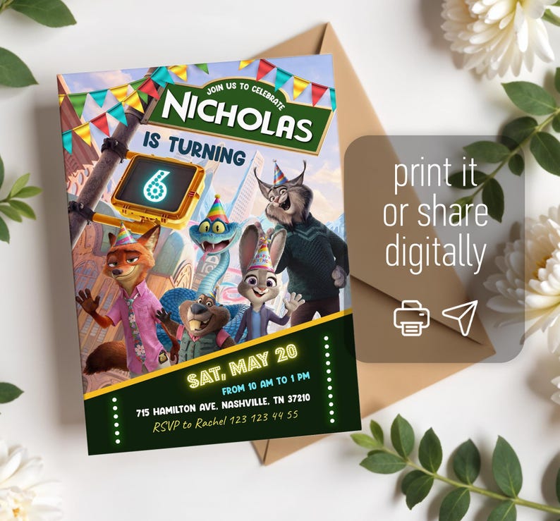 May include: A rectangular birthday invitation card featuring animated animal characters wearing party hats. The text reads: JOIN US TO CELEBRATE NICHOLAS IS TURNING 6, SAT, MAY 20, FROM 10 AM TO 1 PM, 715 HAMILTON AVE, NASHVILLE, TN 37210, RSVP to Rachel 123 123 44 55.