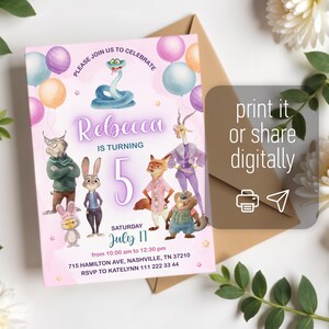 May include: A pink birthday invitation card featuring cartoon animal characters, colorful balloons, and the text: PLEASE JOIN US TO CELEBRATE, Rebecca IS TURNING 5, SATURDAY July 11, from 10:00 am to 12:30 pm, 715 HAMILTON AVE, NASHVILLE, TN 37210, RSVP TO KATELYNN 111 222 33 44.